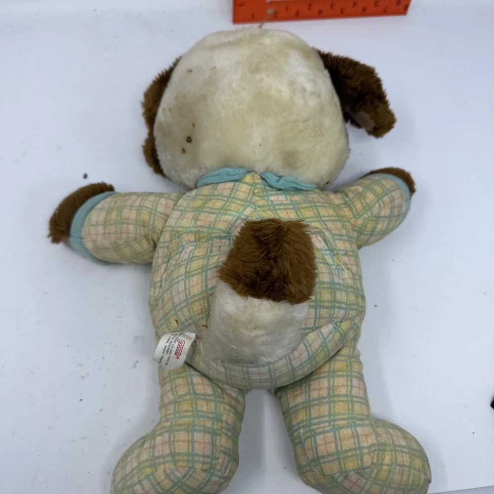 Vintage 1990 Galoob Puppy Dog Plush Blue Eyes Plaid Pajamas Brown White 11 inch